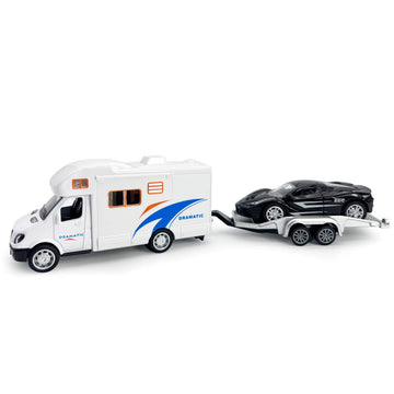 Toy Camper RV Trailer Towing Supercar Sports Model Car Diecast Motorhome Toys for Boys Pull Back Toy Cars, Beach Sandbox Outdoor Adventure Play Set, 3