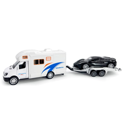Toy Camper RV Trailer Towing Supercar Sports Model Car Diecast Motorhome Toys for Boys Pull Back Toy Cars, Beach Sandbox Outdoor Adventure Play Set, 3