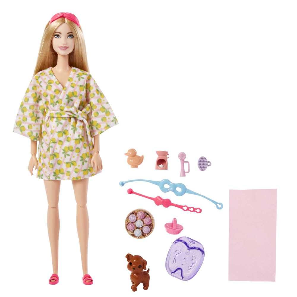 Barbie Doll, Kids Toys, Blonde Doll with Pet Puppy, Barbie Sets, Spa Day, Lemon Print Bathrobe, Headband and Eye Mask, Self-Care Series