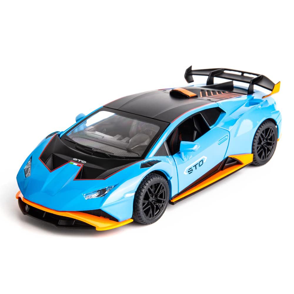 WAKAKAC Model Car 1/24 Scale Compatible for Lambo STO Die-cast Toy Vehicle Pull Back with Light and Sound Toy Car Door Can be Open (Blue)