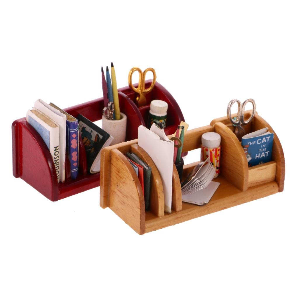 Jili Online Vintage 1/12 Dollhouse Miniature Office Supplies Kit Accessories Book Shelf Study Stationery Organizer Red