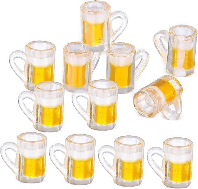 12PCS Mini Plastic Beer Mug Decorations - Dollhouse Resin Drink Cups for Keychain Accessories, DIY Craft Projects, Tableware Display, Miniature Scene