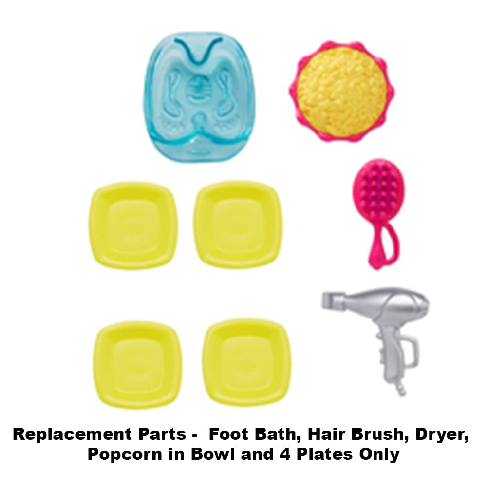 Mattel Replacement Barbie Size Foot Bath, Hair Brush and Dryer, Popcorn in Bowl and 4 Plates for Barbie Malibu Dollhouse Playset - FXG57, Yellow,