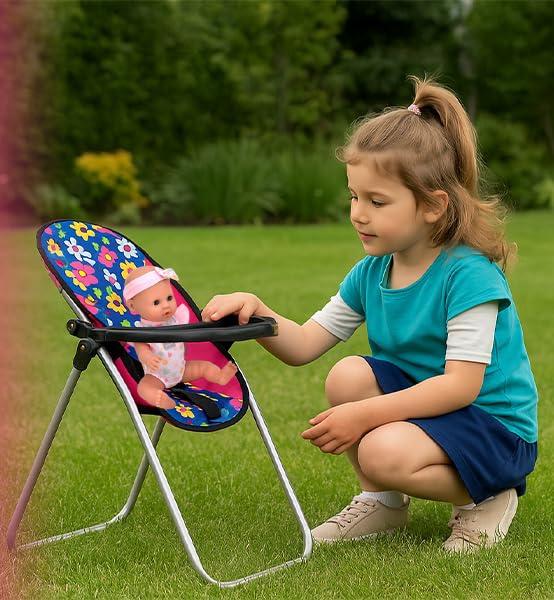 Fash n kolor 3 Piece Baby Doll Play Set - Polka-Dot Design Pack n Play, Foldable Doll Stroller, High Chair - Fits 18 Inch Dolls - Pretend Play Doll