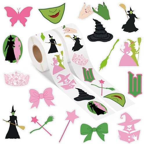 GUjianzhi 1000Pcs Witch Musical Stickers, Pink Crown Black Hat Green Broom Adhesive Decals for Kids Girls, Wicky Witch TV Movie Merchandise Party