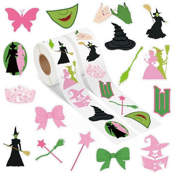 GUjianzhi 1000Pcs Witch Musical Stickers, Pink Crown Black Hat Green Broom Adhesive Decals for Kids Girls, Wicky Witch TV Movie Merchandise Party