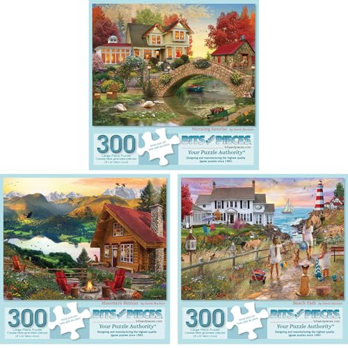 Bits and Pieces 3 Jigsaw Puzzle Set - 300 Piece Puzzles for Adults - Ocean Lake River Set - 16" x 20" Jigsaw Puzzles - Small Town Americana Nature