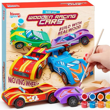 Klever Kits 4 DIY Wooden Race Cars-Build & Paint Your Own Wood Craft Kit, 4 Race Cars Toy, Easy to Assemble Arts Crafts Kit, Birthday Party Presents
