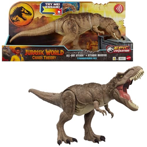 Mattel Jurassic World Chaos Theory All-Out Attack Tyrannosaurus Rex Dinosaur Action Figure Toy, T. rex with Rampage Attack, Chomp & Roar & Evolved