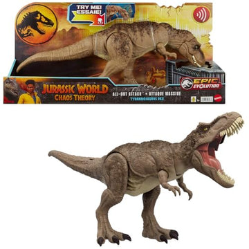 Mattel Jurassic World Chaos Theory All-Out Attack Tyrannosaurus Rex Dinosaur Action Figure Toy, T. rex with Rampage Attack, Chomp & Roar & Evolved