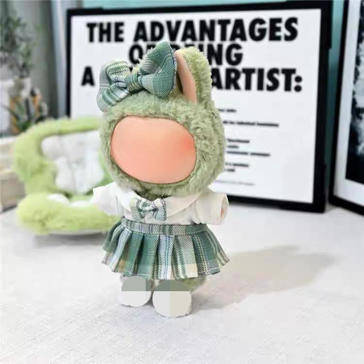 Clothes for Labubu 3-Piece Cotton Uniform Set with Bow Clip, Bow Tie Shirt & Plaid Skirt for 17cm Dolls(No Doll,No Shoes) (Green)
