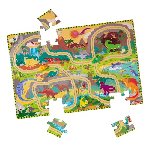 Melissa & Doug Dinosaur Adventure Tracks Cardboard Jigsaw Floor Puzzle and 2 Wind-Up Dinos - 48 Pieces, for Boys and Girls 3+