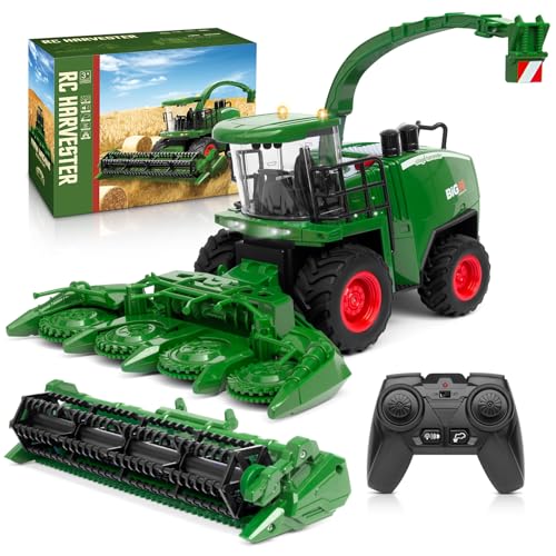 Uarzt Remote Control Combine Harvester Tractor Toy, 1/24 Scale RC Harvester Toys for Kids with 2 Grian Heads/2 Rechargeable Batteries/Light, Farm Toys
