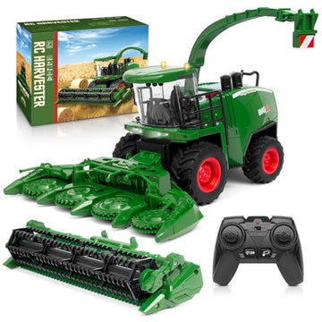Uarzt Remote Control Combine Harvester Tractor Toy, 1/24 Scale RC Harvester Toys for Kids with 2 Grian Heads/2 Rechargeable Batteries/Light, Farm Toys