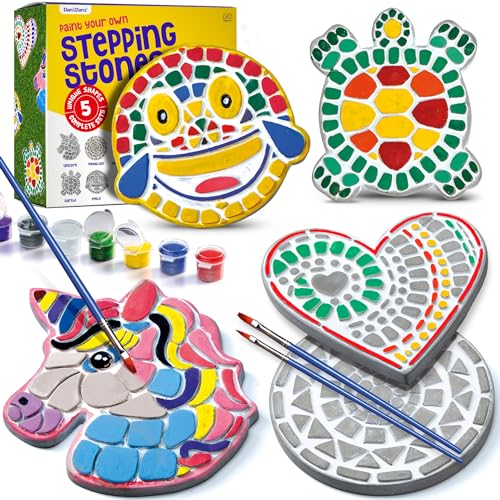 Dan&Darci Stepping Stones Painting Kit for Kids, 5 Paint Your Own Garden Stones with Paints and Brushes, Crafts for Kids Ages 6-8