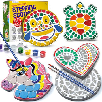 Dan&Darci Stepping Stones Painting Kit for Kids, 5 Paint Your Own Garden Stones with Paints and Brushes, Crafts for Kids Ages 6-8