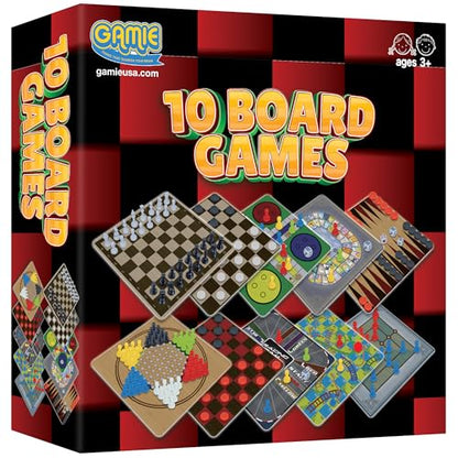 Gamie 10 Board Games Set, Classic Family Games for Kids and Adults, Includes 5 Double Sided Playing Boards with Backgammon, Chinese Checkers, Snakes