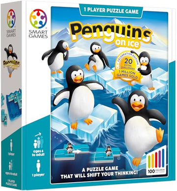 SmartGames Penguins on Ice - Sliding Logic Puzzle Game with 60 Challenges, STEM Brain Teaser for Kids Ages 6+, Travel-Friendly Single Player Puzzle