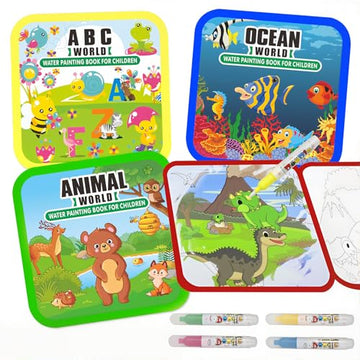 Water Painting Books for Toddlers, 4 Pack Reusable Magic Water Coloring Book with Water Pen Fairy Tale for Ages 3+, Water Doodle Book Travel Toys