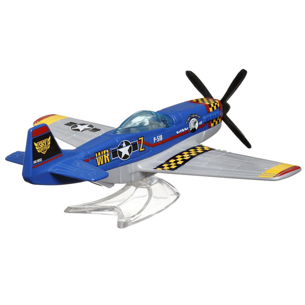 Matchbox Collectible Die-Cast Metal Sky Busters Inspired by North American P-51 Mustang Airplane - HLH99 ~ Blue, Silver and Yellow Single Seater