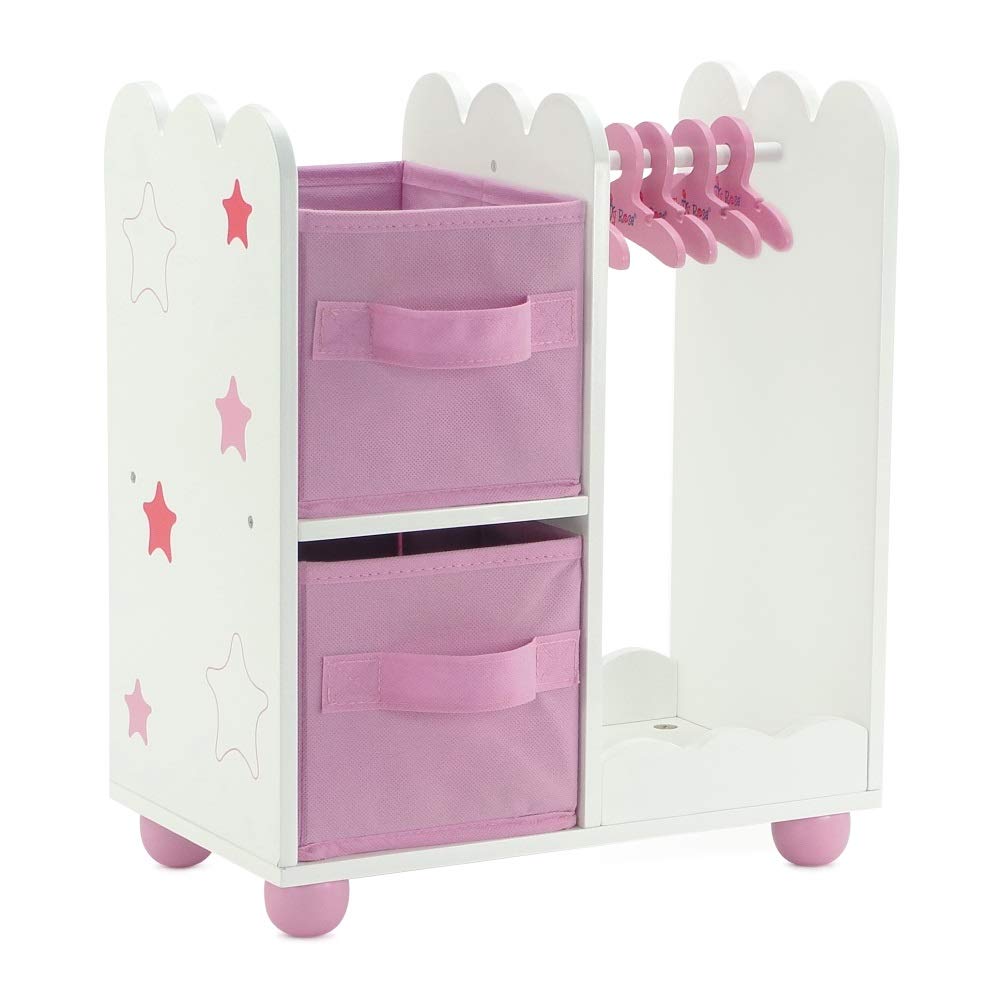 Emily Rose 14 Inch Doll Furniture - Open Wardrobe Closet with Hangers & Storage Bins - Wooden Organizer for Wellie Wishers, Glitter Girls & 14” Dolls