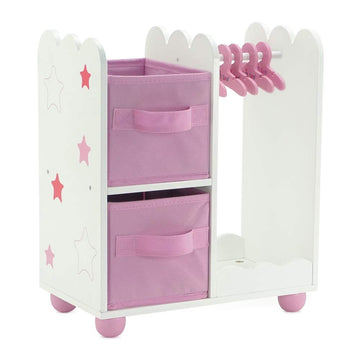 Emily Rose 14 Inch Doll Furniture - Open Wardrobe Closet with Hangers & Storage Bins - Wooden Organizer for Wellie Wishers, Glitter Girls & 14” Dolls
