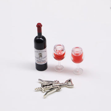 Miniature Red Wine Bottle Set, One Bottle with 2 Resin Filled Wine Glasses and Corkscrew, Dollhouse Wine Bottle, Dollhouse Wine Glasses, for Model
