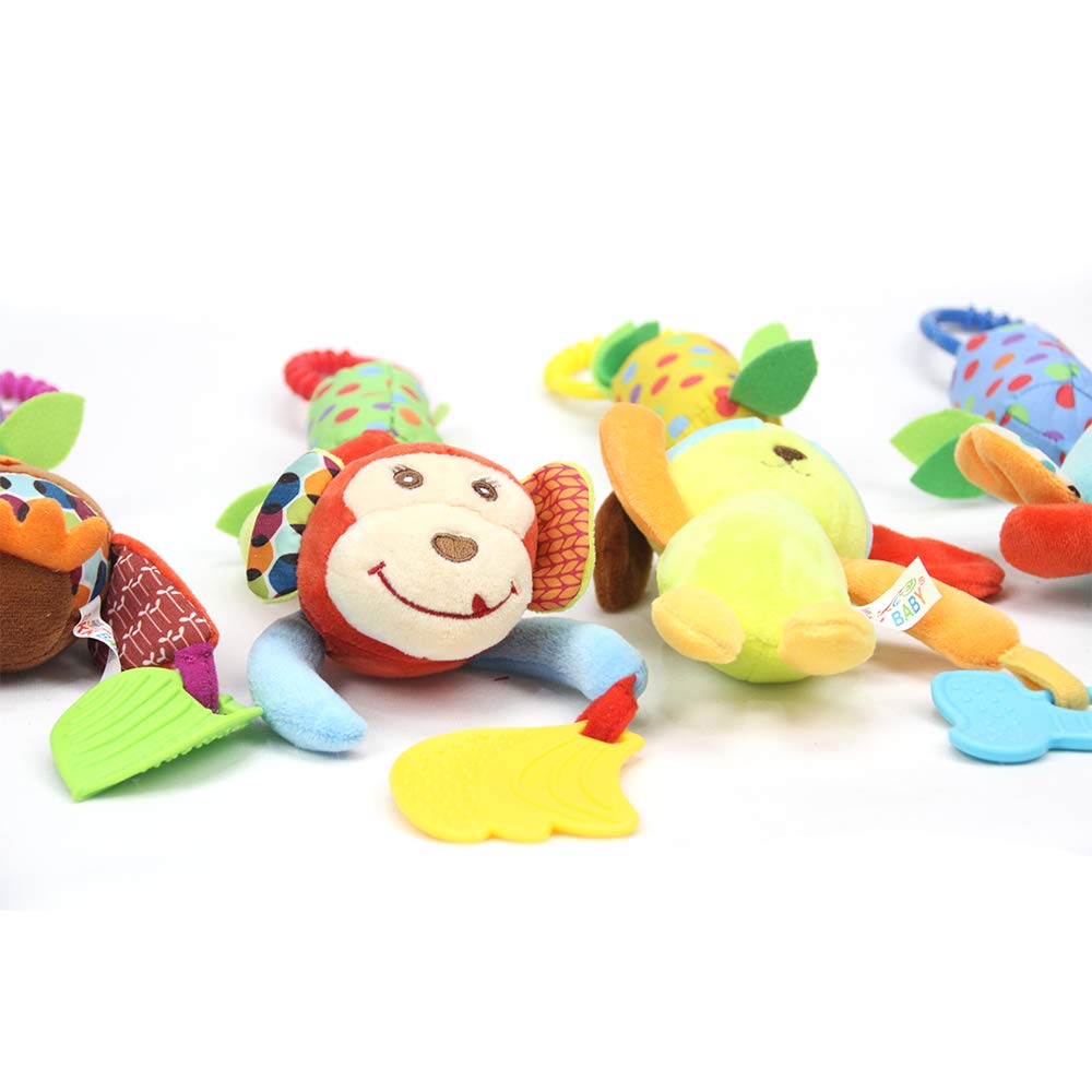 Joyshare 4 PCS Baby Soft Hanging Rattle Crinkle Squeaky Toy - Baby Toys for 0 3 6 9 to 1 Animal Ring Plush Stroller Infant Car Bed Crib Travel