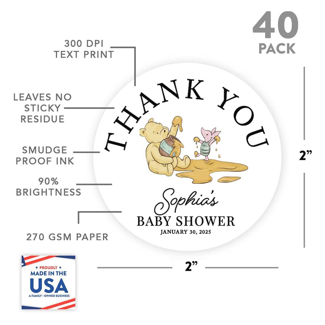Andaz Press Personalized Classic Winnie the Pooh Baby Shower Decorations, 2 Inch Thank You Stickers, Baby Shower Stickers for Candy, Favors