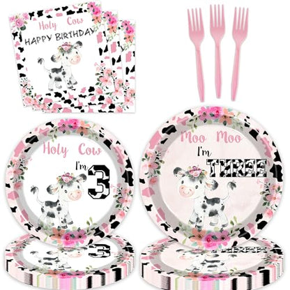 80 Pcs Holy Cow I'm Three Girls Birthday Decorations Moo Moo I'm Three Paper Dinner Plates Napkins Forks Dinnerware for Farm Animals Cow Themed Girls