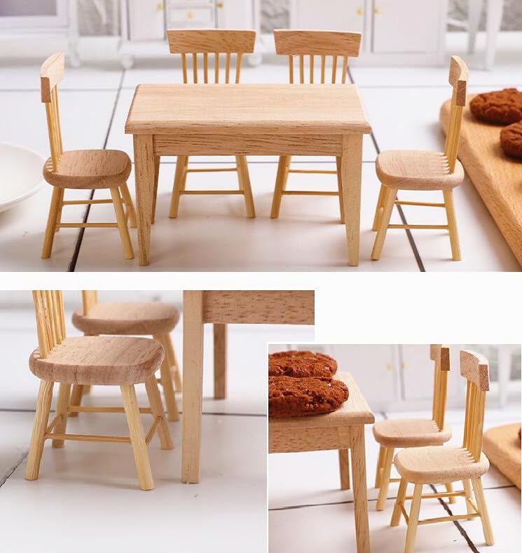 EatingBiting Decoration Dollhouse Accessories Furniture 1:12 Dollhouse Miniature Furniture Wooden Including 4 Chair and 1 Dining Table Accessories