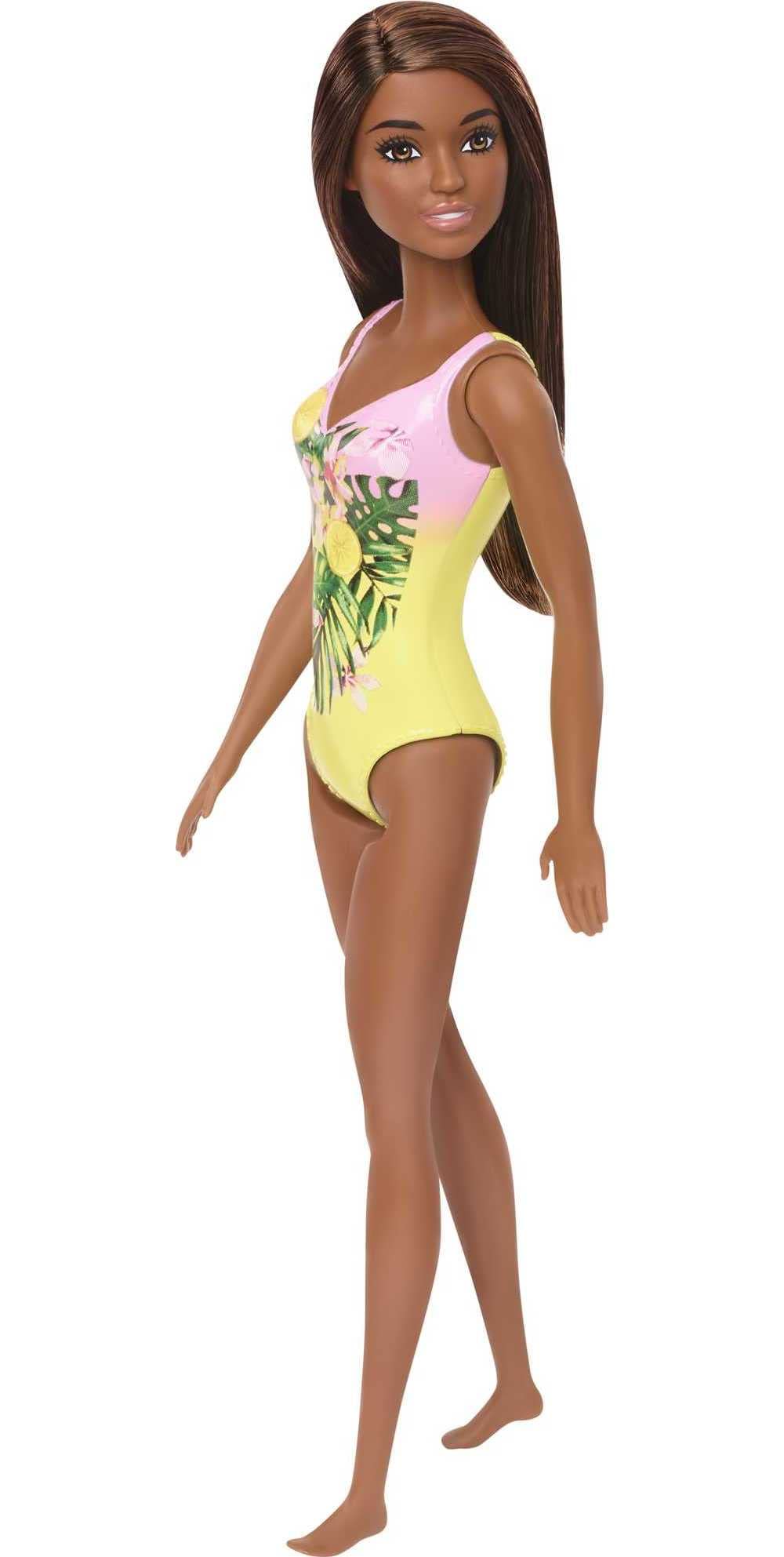 Barbie Fasshion Doll, Beach-Themed Brunette Wearing Pink & Yellow Floral Swimsuit