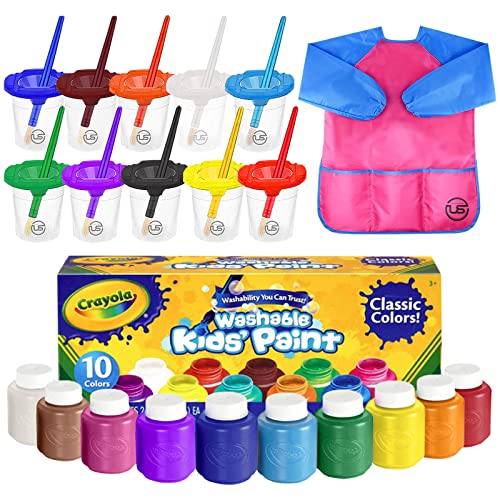 The Mega Deals Kids Painting Set - Washable Non-Toxic Finger Paints (10 Colors of 2 oz) with 10 Paint Cups, 10 Brushes, Kids Smock Mess-Free Toddler