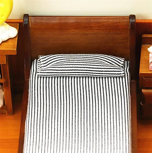 EatingBiting 1:12 Dollhouse Miniature Doll Furniture Vintage Wooden Single Bed Stripe Bedding