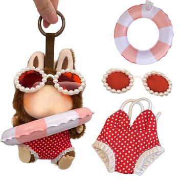 Clothes for Labubu 3-Piece Summer Beach Swim Set - Durable Fabric with Swimsuit,Swim Ring & Sunglasses,Perfect for 17cm Dolls(No Doll) (Red)
