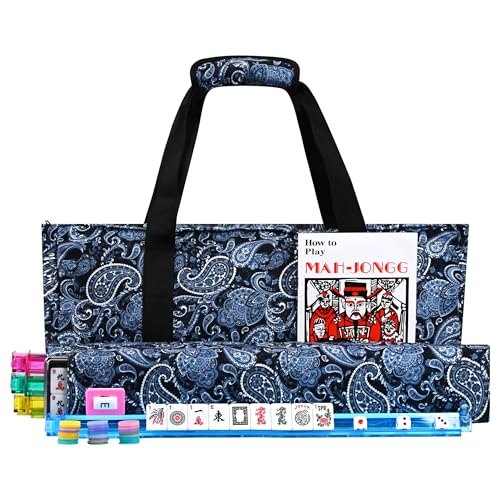 Faaexu American Mahjong Tile Set Include 166 Tiles 4 All-in-One Mahjong Racks/Pushers with Blue Carrying Bag Complete Mahjong Game Set