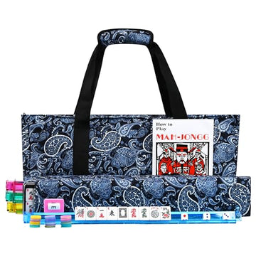 Faaexu American Mahjong Tile Set Include 166 Tiles 4 All-in-One Mahjong Racks/Pushers with Blue Carrying Bag Complete Mahjong Game Set