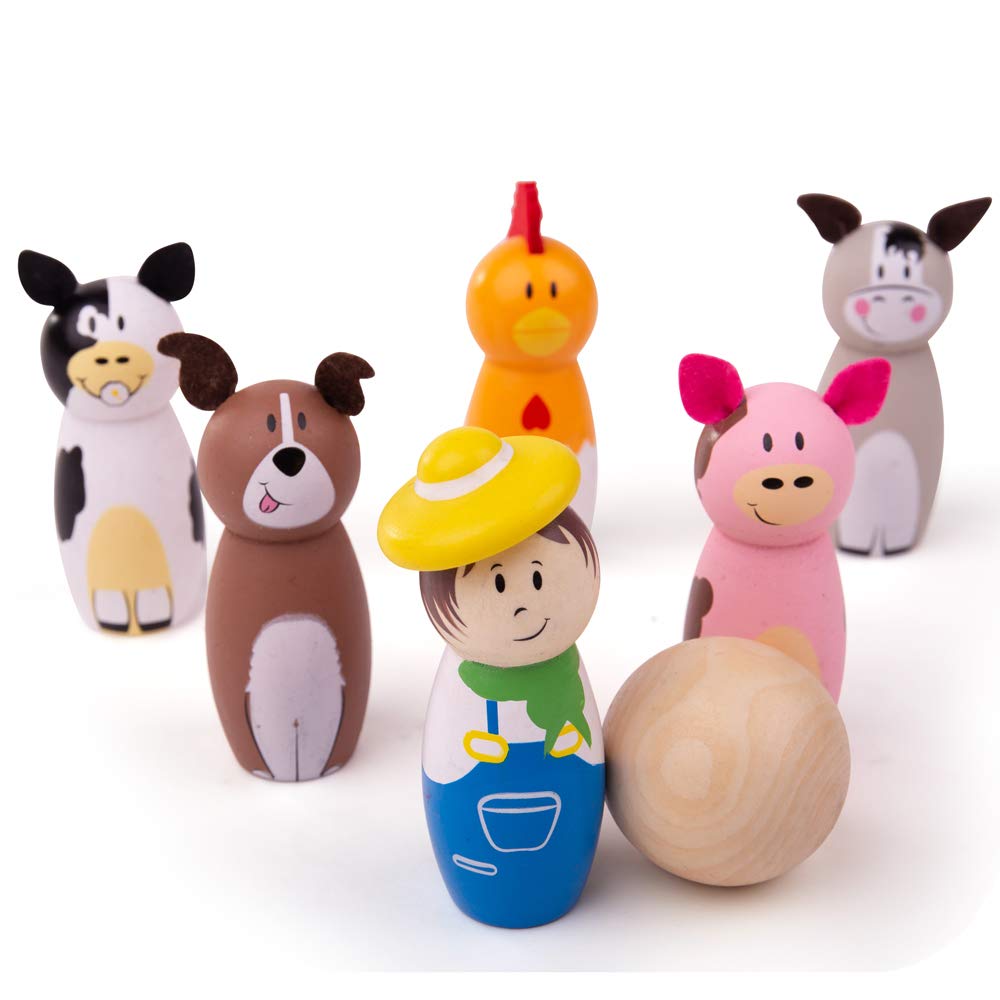 Bigjigs Toys Farm Wooden Skittles - Wooden Skittles for Toddlers with 6 Animal Skittles & 1 Bowling Ball, Educational Toy & Gifts for Kids Aged 2