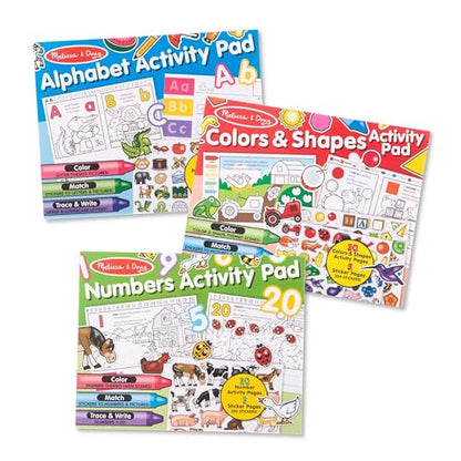 Melissa & Doug Activity Pad Bundle - Alphabet, Colors & Shapes & Numbers Sticker and Coloing Activity Books for Girls and Boys, Great Travel Toy