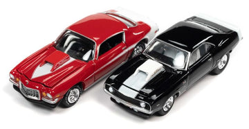 1969 Chevy Camaro ZLX Phase III Black with White Stripes and 1973 Chevy Camaro Phase III Medium Red and White Baldwin Motion Set of 2 Cars 1/64
