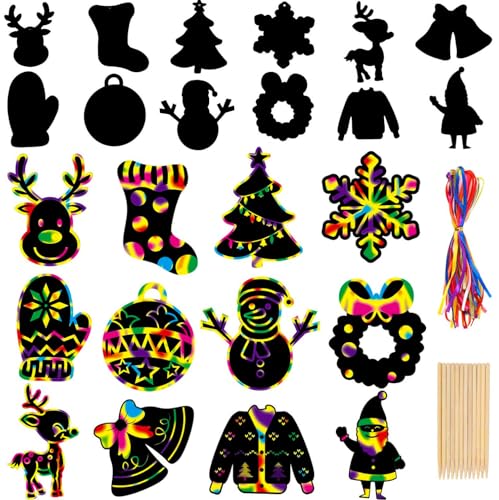 DIYASY Christmas Scratch Art Paper,96Pcs Crafts Kits Magic Rainbow Scratch Cards for Xmas Tree Ornaments and Kids Birthday Decoration