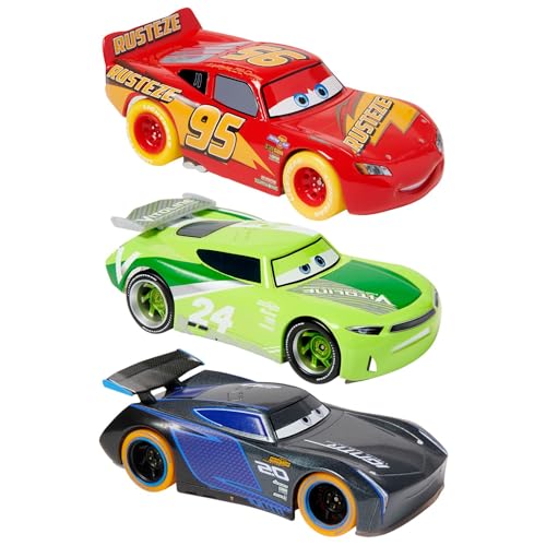 Disney Store Official Cars Light-Up Pullback Die Cast Set - Featuring Lightning McQueen, Jackson Storm, Chase Racelott - Neon Lights Set with Light-Up
