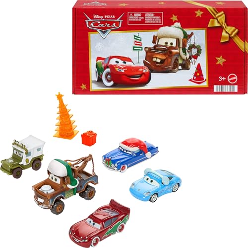 Mattel Disney and Pixar Cars Toy Multipack, Set of 5 Winter-Themed Vehicles Including a Holiday Hotshot Lightning McQueen & 2 Plastic Accessories