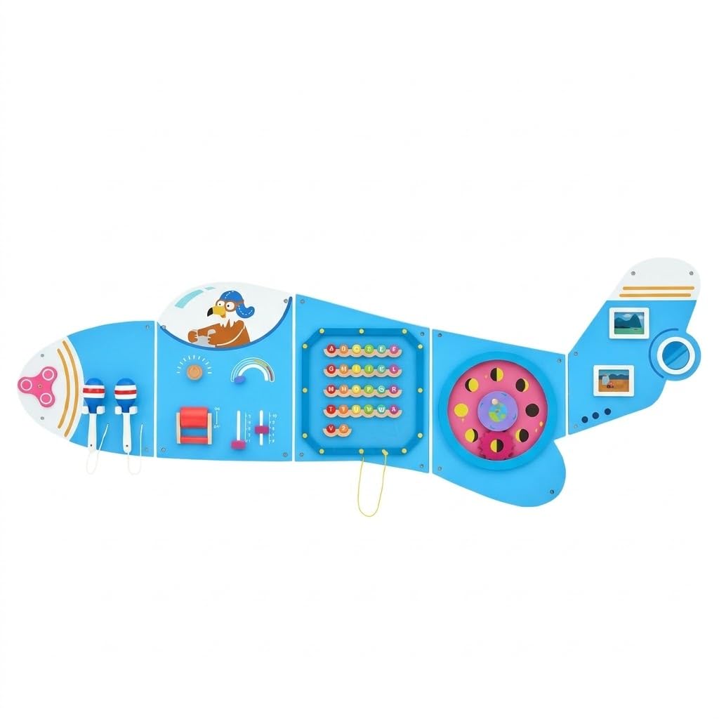 Monläurd® Wooden Airplane Activity Wall Panel for Kids, Wall Toys for Toddlers 1-3, Playroom Toys, Daycare Furniture, Montessori Busy Board