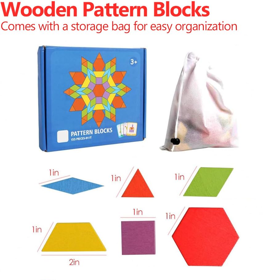 JCREN Wooden Pattern Blocks Montessori Toys Shape Puzzles Kindergarten Classic Educational Tangram Geometric Brain Teaser Toys Best STEM for Kids Ages