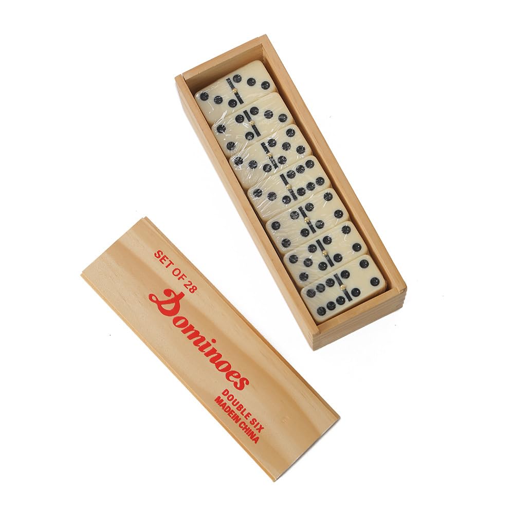 VMRUXAW Dominos Set for Adults with Wood Box - Tile Dot Dominoes Games Set ?Classic Dominoes Set, 28 Tiles, Natural Wood and Ivory, Wooden Box