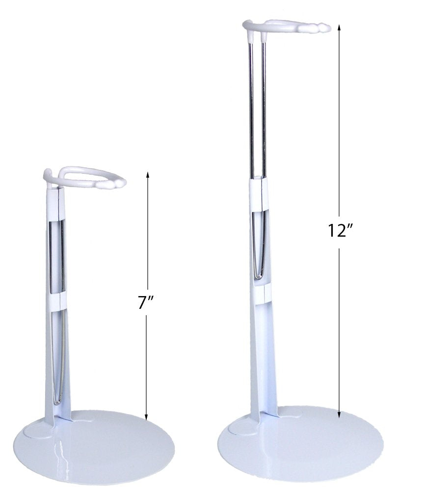 Doll Stands for Approx 8-16 Inch Dolls & Action Figures, Adjustable White Metal & Vinyl Display Holders, Expands 7-13 Inches, Secure Waist Support