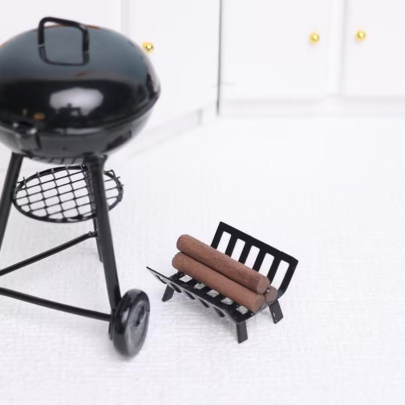 Miniature BBQ Grill Set, 1:12 Scale, Cooking Tool Garden Decoration Kitchen Accessories Roasting Cart Firewood Rack Holder
