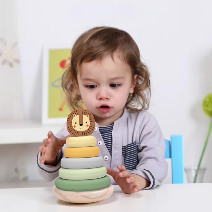Miss OT Wooden Ring Stacker Toy for 1 Year Old - Montessori Toys for 1 Year Old Boy and Girl, Stacking Rings with Lion Topper, Baby Toy 12-18 Months