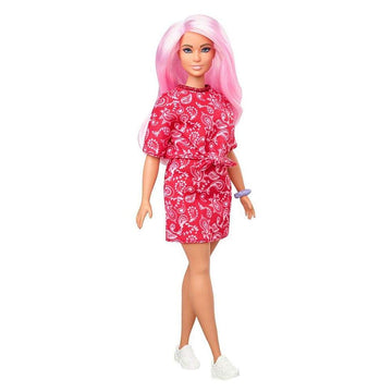 Barbie Fashionistas Doll #151 with Long Pink Hair Wearing a Red Paisley Top & Skirt, White Sneakers & Scrunchie Bracelet, Toy for Kids 3 to 8 Years
